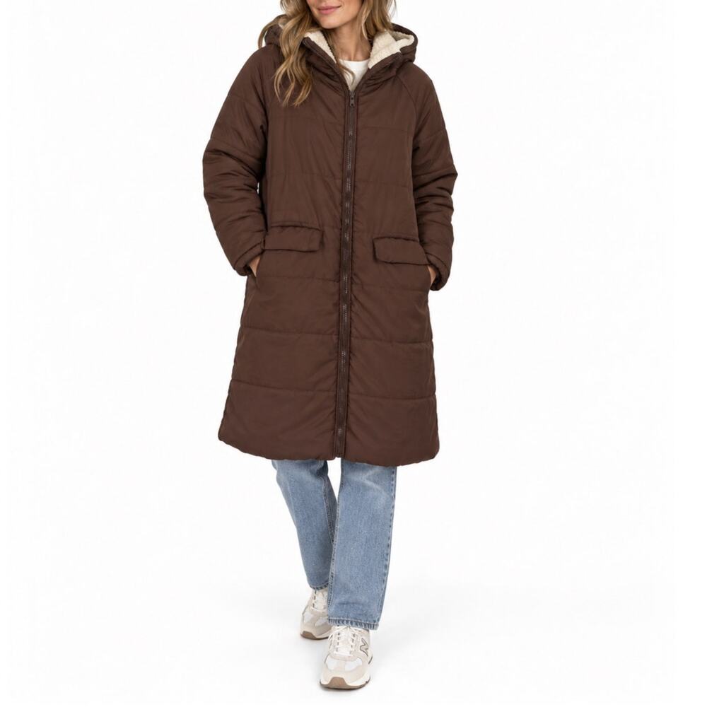 Chocolate Brown Sherpa Lined Puffer Parka Coat Size Small (S) Winter Jacket